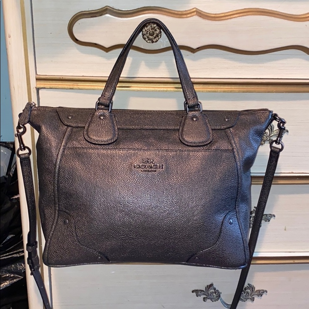 Coach Mickie satchel embossed pebble charcoal gray